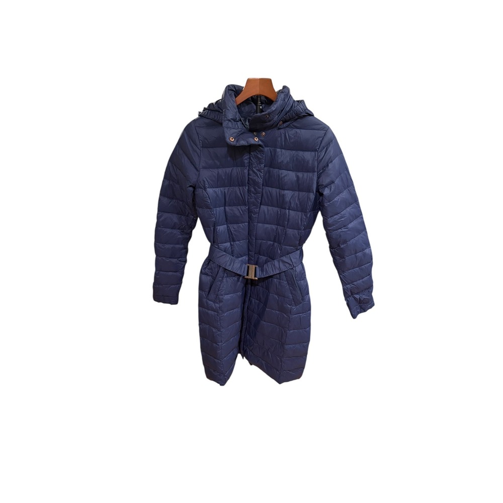Lands End Womens XS Navy Blue Down Puffer Coat Belted Hooded Mid Length Jacket